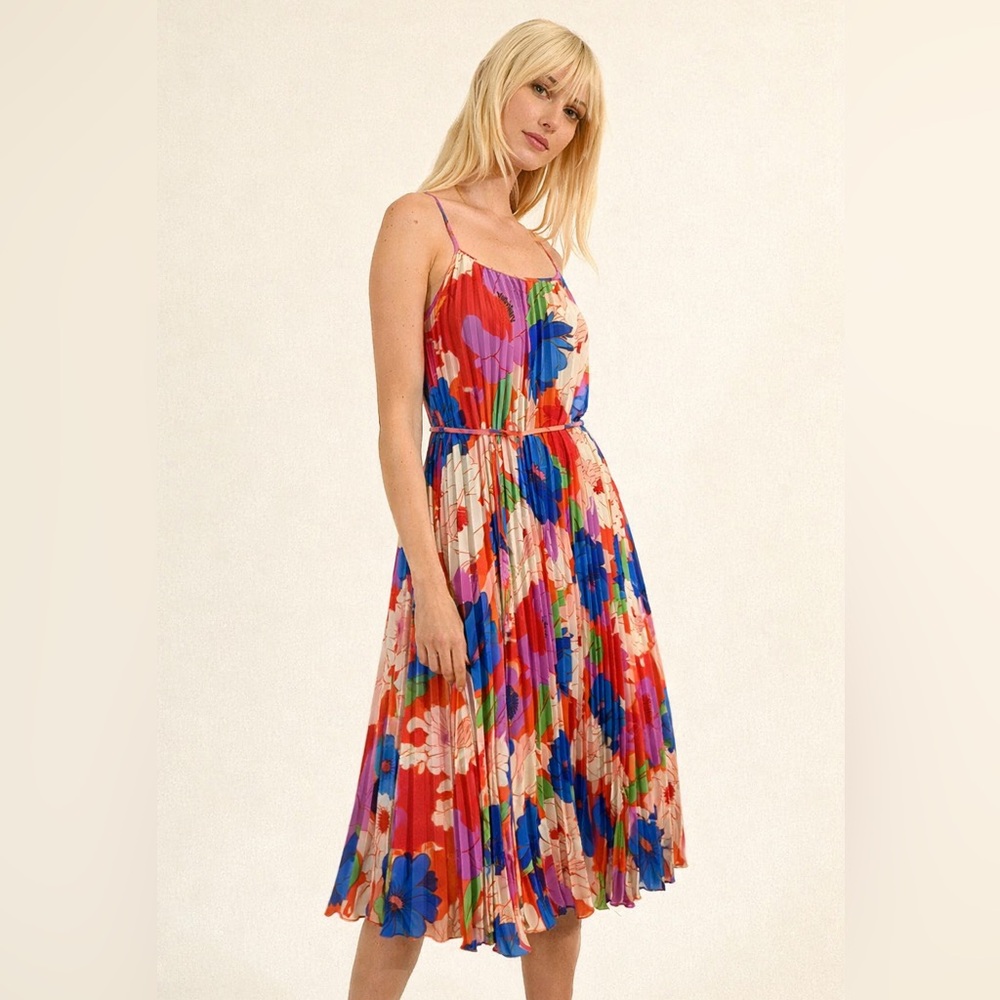 Sam Edelman Pleated Floral Midi Dress – Medium – Colorful Abstract Print